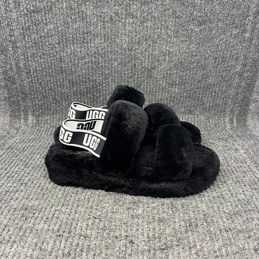 UGG Black Fluffy Slide Sandals with Branded Heel Strap